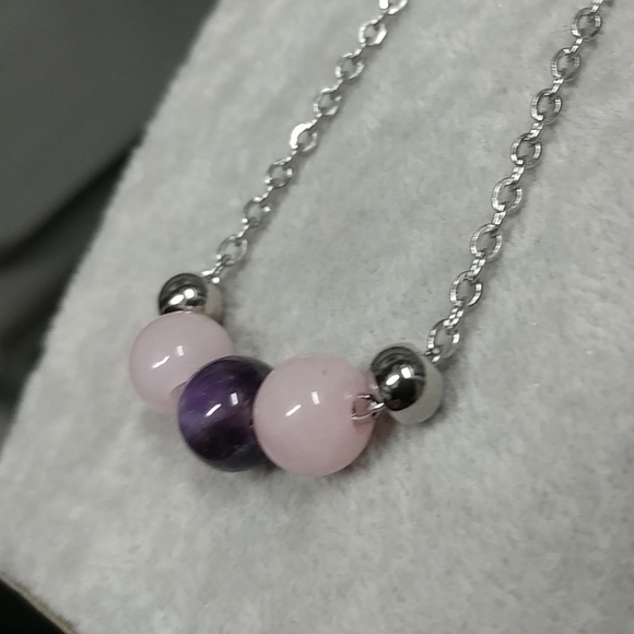 Rose Quartz Amethyst Three Bead Necklace Natural Gemstone Crystal StainlessSteel - Picture 10 of 11